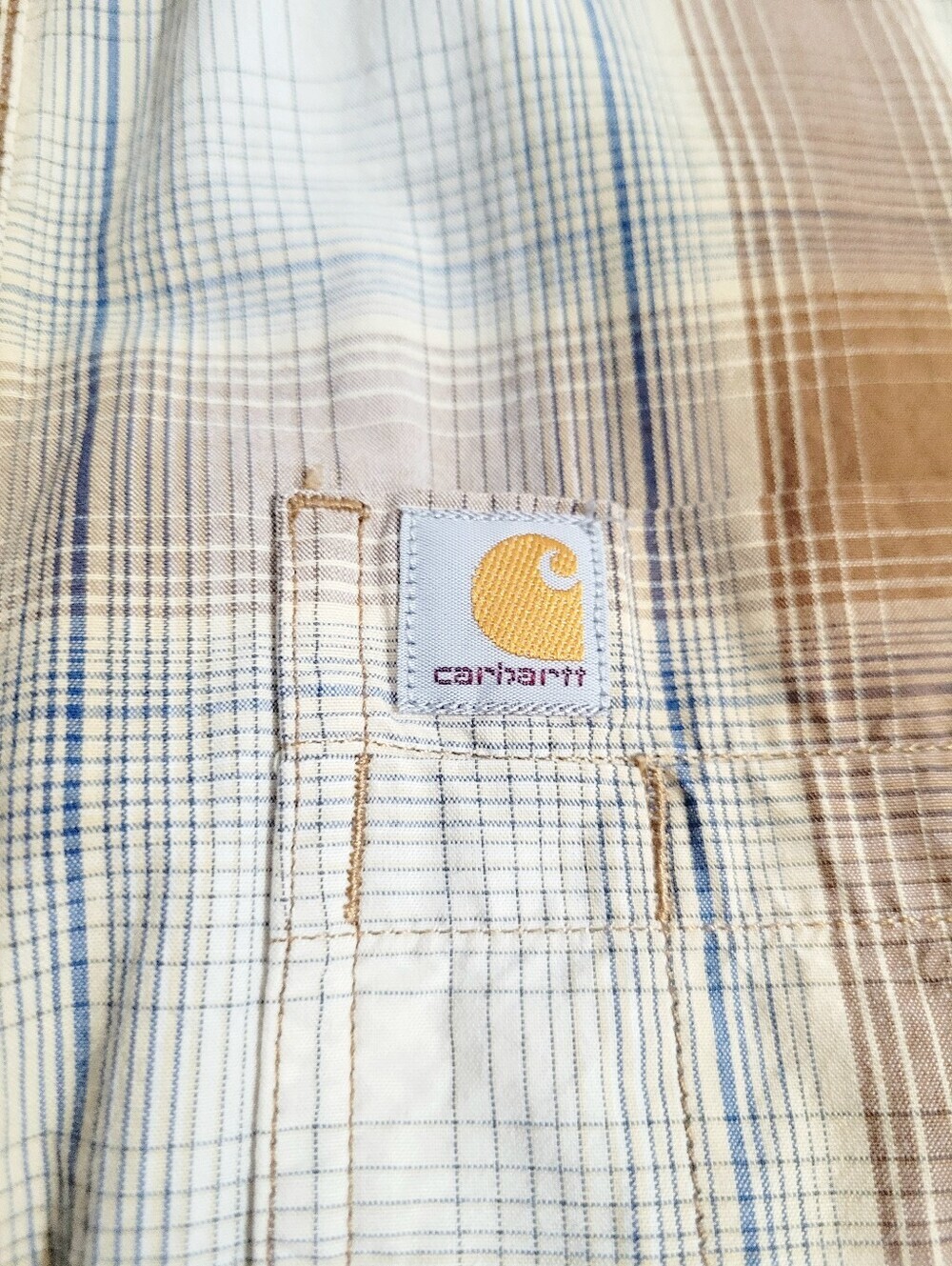 Carhartt Relaxed Fit Plaid Button Front Shirt Mens Size Large Short Sleeve Beige - Picture 5 of 8